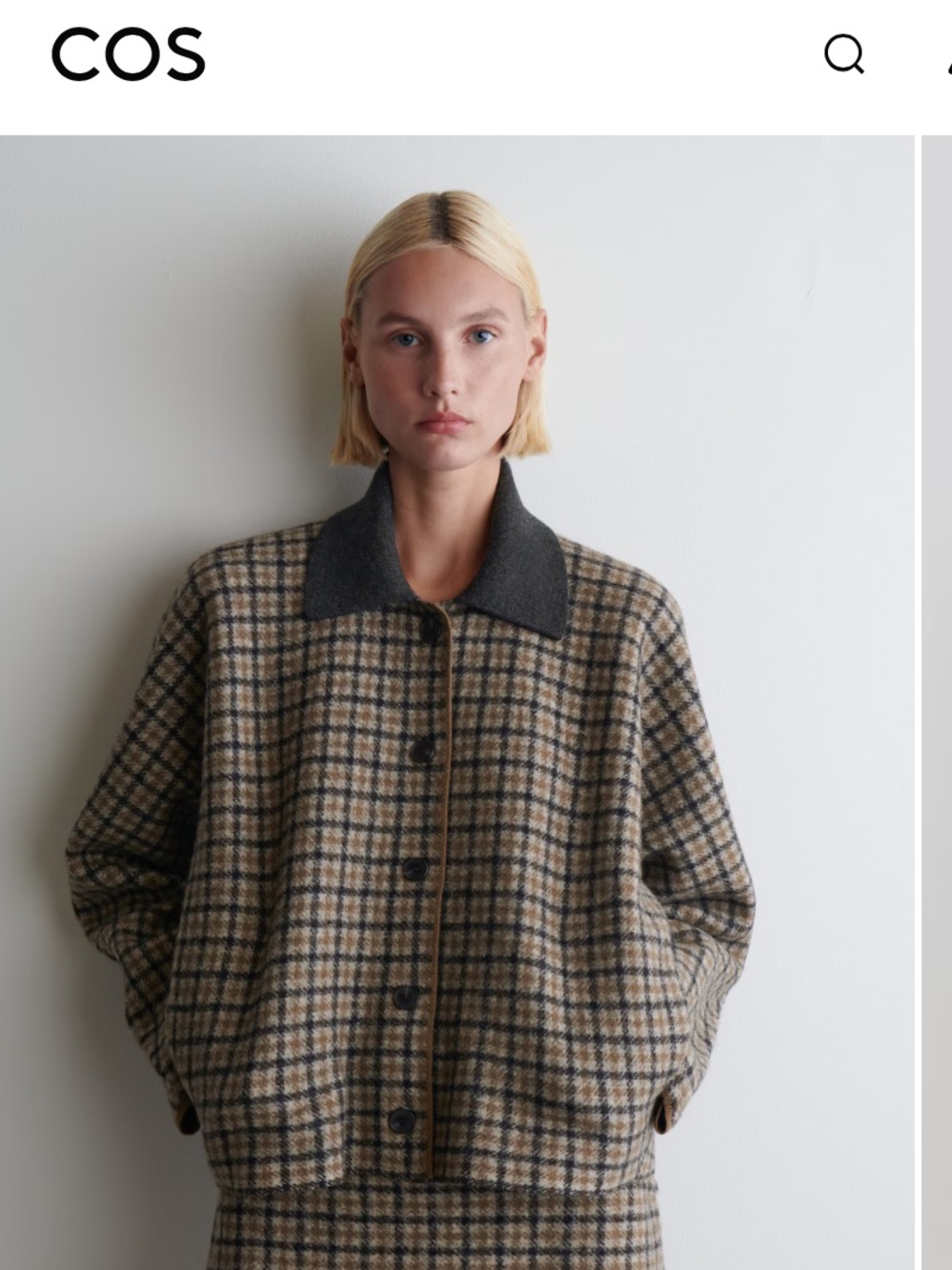 COS Sculpted Merino Wool Short Jacket Beige Checked 
Size medium